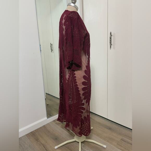 Rebellion Again Burgundy Woman's Lace Open Front Long Kimono Cardigan Small - Picture 2 of 6